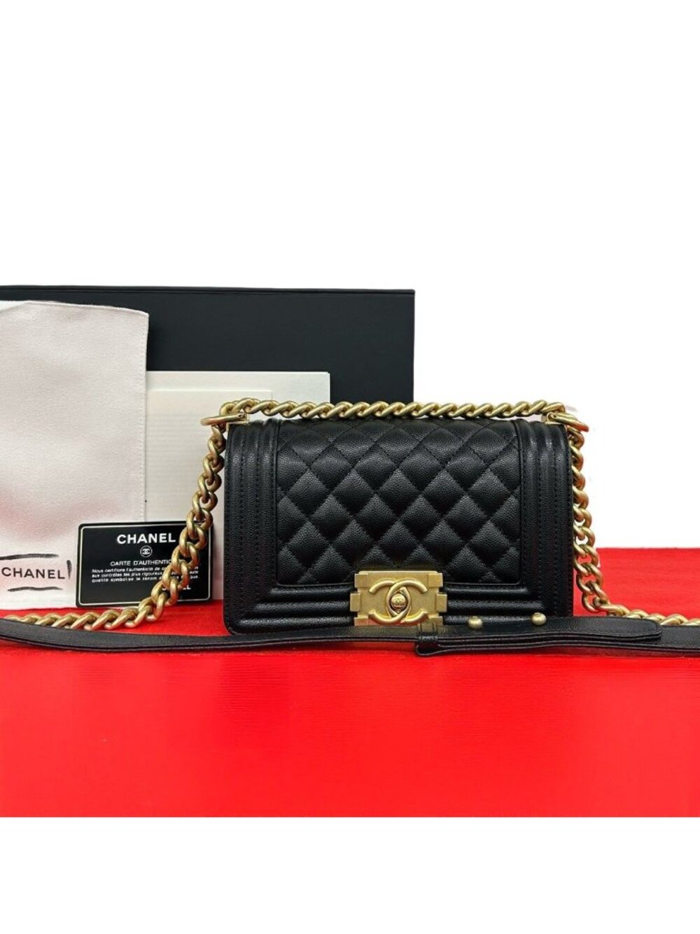 Chanel Boy CC Logo Caviar Leather Shoulder Bag Black